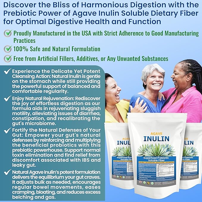 Organic Inulin Powder (48oz/3 lbs) Gentle Agave Prebiotic Soluble Fiber Supplement for Digestive Support Gut Health Vegan Baking Smoothies &amp Drinks