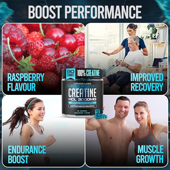 Creatine HCl 3000mg Per Serving - Raspberry Flavor - Vegan Gummies (90 Count Single Pack)