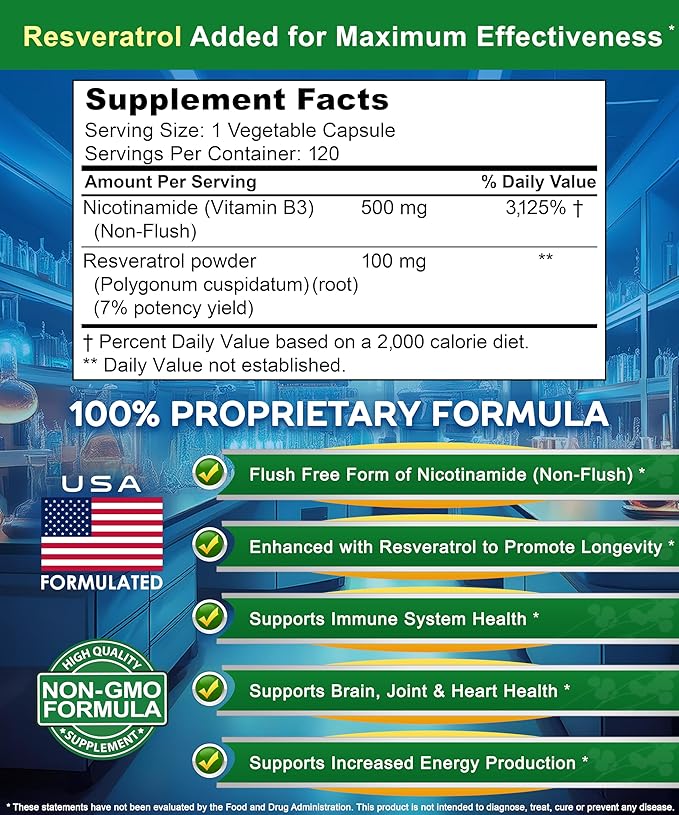 aSquared Nutrition Nicotinamide with Resveratrol - 120 Veggie Capsules - Vitamin B3 500mg (Niacinamide Flush Free) - Supplement Pills to Support NAD Skin Cell Health &amp Energy (Pack of 2)