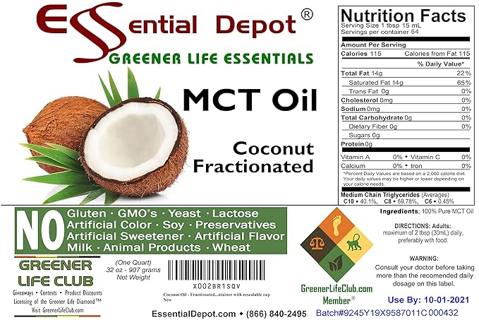 Coconut Oil - Fractionated - MCT (medium-chain triglycerides) - 5 x 1-Quart (32 oz) - liquid - Food Grade - Safety Sealed Resealable HDPE Container Microwave Safe (remove foil seal) Freezer Safe
