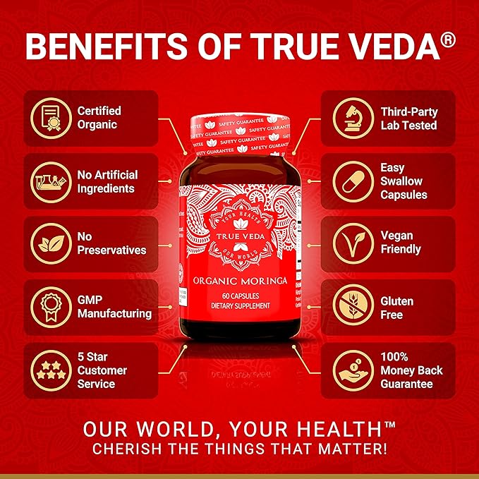 USDA Organic Moringa Capsules | Moringa Organic Pure Tablets | Vegan Premium Herbal Supplement from 10:1 Leaf Extract | Natural Plant-Based Support | 60 Capsules