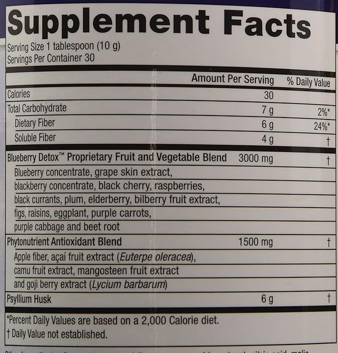 Advanced Blueberry Detox Daily Fiber Formula by Purity Products - Featuring PurityBlue Organic Wild Blueberries - A Full 6 Grams of Detoxifying Regularity Promoting Prebiotic Fiber - 30 Servings