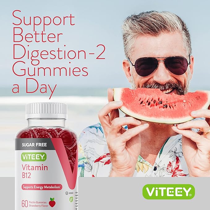 Viteey Vitamin B12 Gummies for Adults &amp Teens 1000mcg Sugar Free - Good for Energy Metabolism Natural Energy Support - Vegan Gelatin Free Gluten Free GMO Free - Chewable Strawberry Flavored