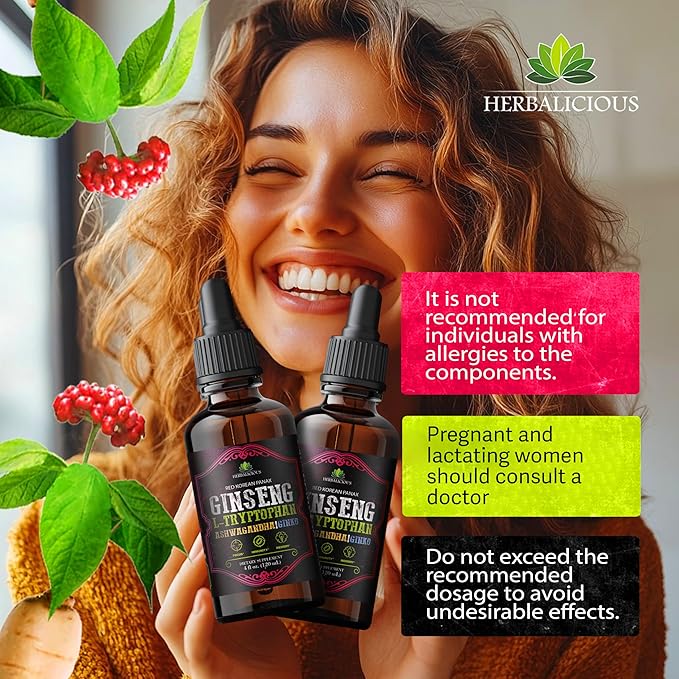 Red Korean Panax Ginseng Liquid Drops with L-Tryptophan Ashwagandha &amp Ginkgo – Herbal Adaptogen Blend for Daily Wellness – Alcohol Free Liquid Supplement – 4 fl oz (120 mL)