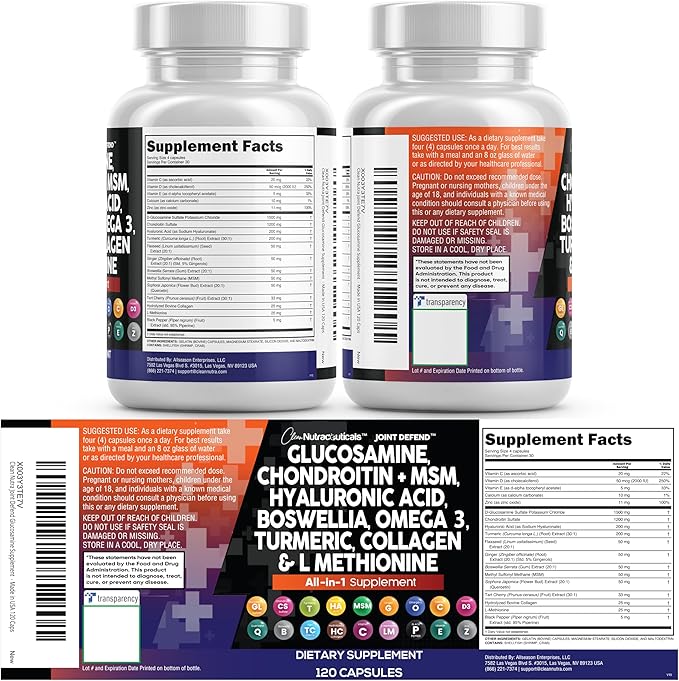 Clean Nutraceuticals Glucosamine Chondroitin MSM 1500mg with Turmeric Curcumin Collagen Hyaluronic Acid Omega 3 – Joint Health Supplement for Men &amp Women (120 Count (Pack of 2))