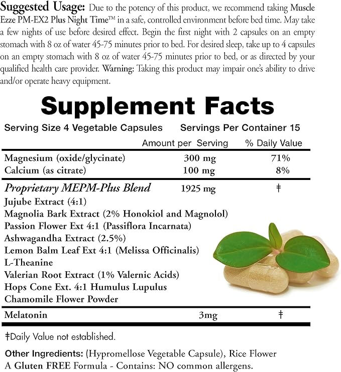 Muscle Ezze PM Plus Night Time Capsules - Pack of 3 with Melatonin Valerian Chamomile Lemon Balm
