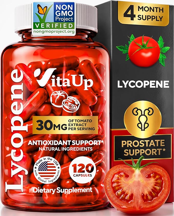 VitaUp Lycopene Supplements for Men – USA Made Prostate Supplements for Men with Natural Tomato Extract – Non-GMO Lycopene Supplement for Normal Prostate Skin &amp Antioxidant Support – 120 Count