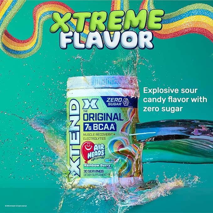 Xtend Original BCAA Powder 7g BCAAs and 2.5g L-Glutamine for Muscle Recovery Hydration and Lean Muscle Sugar Free Intra and Post Workout Drink Airheads Xtreme Rainbow Berry 30 Servings