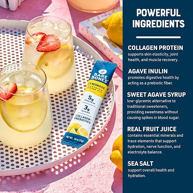 Bare Bones Lemonade Elevated Drink Mix | Light &amp Flavorful | Gluten-Free &amp Naturally Sweetened | On-the-Go Stick Single-Serve Packs Powdered Refreshment | 5g Protein | 16 Packets (.60 oz)