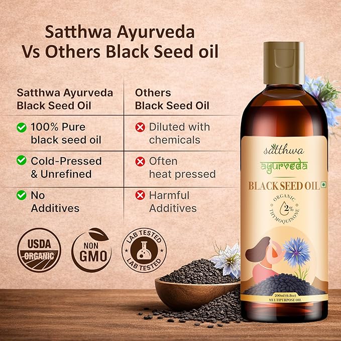 Satthwa Organic Black Seed Oil – Edible High TQ - Lab Tested Cold Pressed Nigella Sativa – For Hair Growth Immunity &amp Skin – 6.8 fl oz