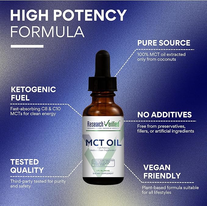 Research Verified 100% MCT Oil - 2 Fl. Oz. - 3 Bottles - Vegan Friendly