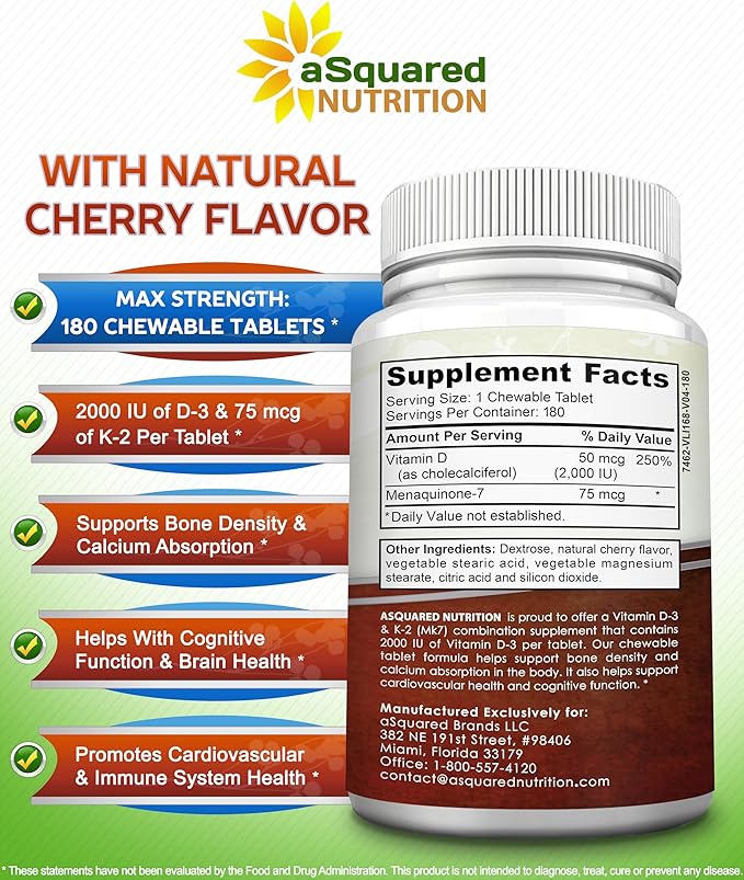 aSquared Nutrition Vitamin D3 with K2 Supplement-180 Chewable Tablets Max Strength D-3 Cholecalciferol &amp K-2 MK7 to Support Healthy Bones Teeth Heart -Antioxidant D3 &amp K2 MK-7 Energy Formul