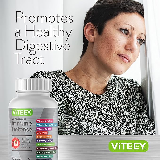 VITEEY 11 in 1 Immune Support Supplement - Immune Defense with Vitamin D3 B6 Echinacea Turmeric Rose-HIPS Selenium BioPerine Ginger Elderberry Vitamin C and Zinc - 120 Count