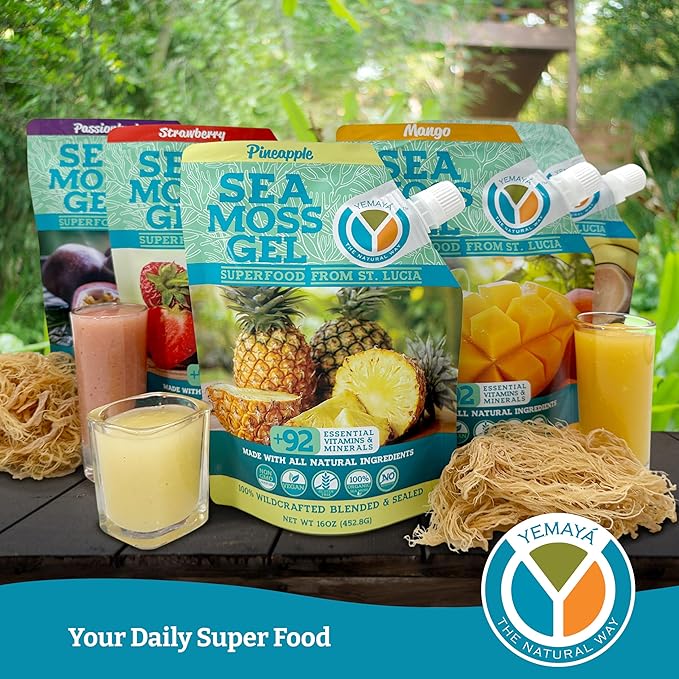 Yemayá Organic Sea Moss Gel Organic Raw | Wildcrafted Seamoss Gel Enhanced with Real Fruit Supports Immunity Energy Digestion Hair Skin &amp Nails | 16 oz Natural Flavor