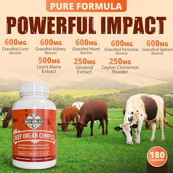 Grass Fed Beef Organ Supplement - Supports Immunity &amp Vitality - Beef Organ Complex for Men &amp Women - Superfood Blend with Lions Mane &amp Cinnamon - Pasture Raised - 180 Capsules