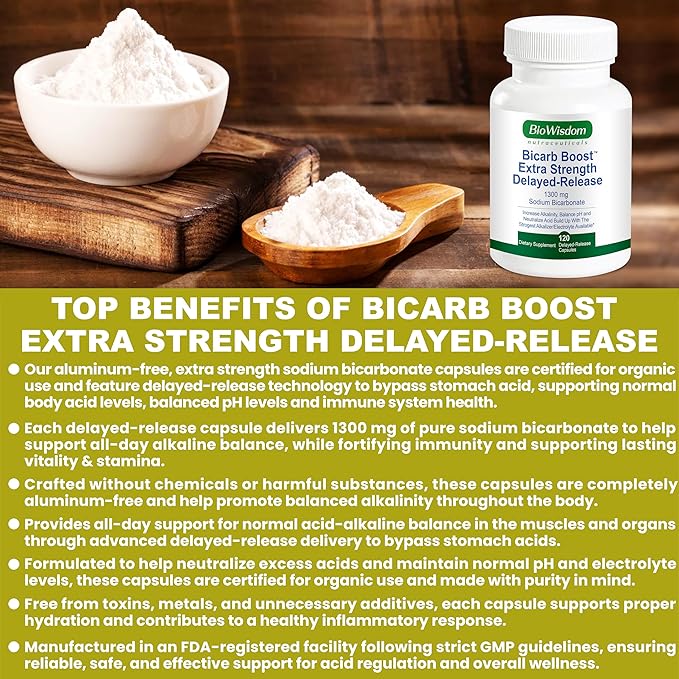 Bicarb Boost Sodium Bicarbonate Capsules Extra Strength 1300mg Organic Use Delayed-Release Sodium Bicarbonate Tablet Kidney Alkalinity Health Pure Baking Soda Tablet 120 Sodium Pills