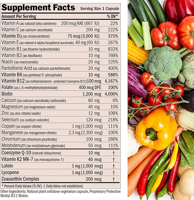 ANDREW LESSMAN Essential-1 nuonce max Multivitamin 3000 IU Vitamin D3 180 Small Capsules. 100 mcg Methyl B12. CoQ10 Lutein Lycopene Zeaxanthin. High Potency. No Additives. Ultra-Mild One Daily Capsule