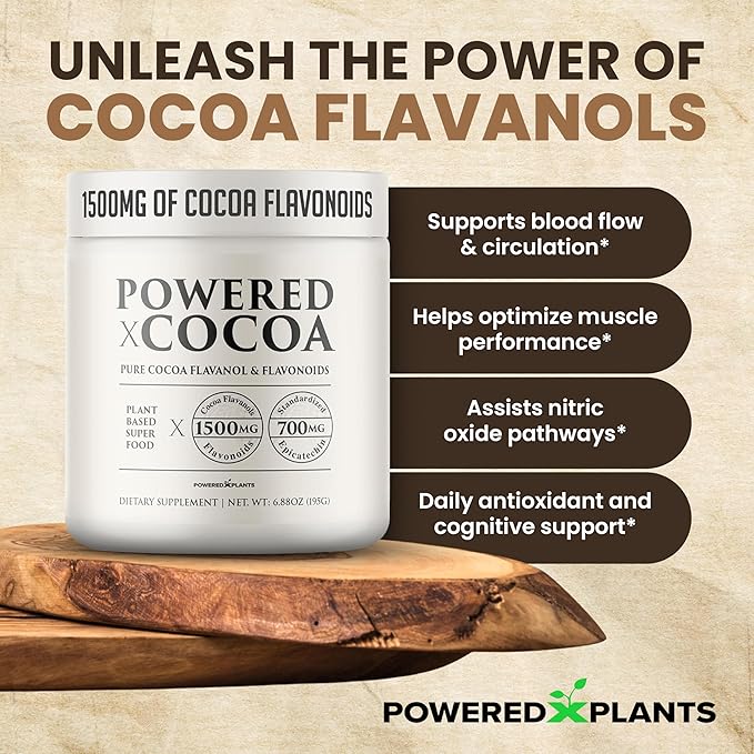 High Flavanol Cocoa Powder - 1500mg Cocoa Flavanols 12X More Epicatechin 700MG Epicatechin Antioxidant Flavonoids - Supports Brain Heart Health Nitric Oxide &amp Circulation by Powered X Plants