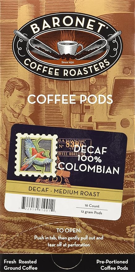 Baronet Coffee Decaf Colombian Coffee Pods Bag - Decaf Medium Roast - 3 Boxes of 16 Single Serve Pods - 48 Count 12 Grams - Individually Wrapped for Freshness - Rich Traditional Flavor