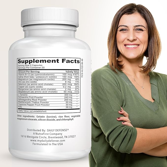 Thyroid Defense - Thyroid Support Supplement for Women and Men Selenium with Iodine Zinc B12 Ashwagandha and L-Tyrosine Supports Hormone Health Energy and Metabolism