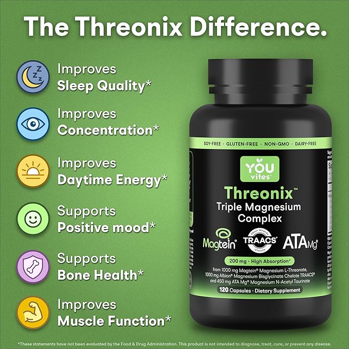 Threonix Triple Magnesium Complex - Magtein L-Threonate Bisglycinate Chelate TRAACS &amp ATA Mg - Brain Sleep Mood &amp Focus Support - High Absorption Gentle on Stomach - 120 Capsules