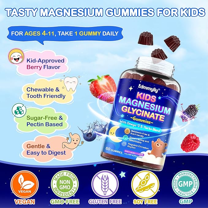 Kids Magnesium Glycinate Gummies - Magnesium Glycinate Supplement 200mg with L-theanine Omega-3 Calcium Vitamin D3 &amp B12 for Kids Natural Zzz at Bedtime &amp Overall Health - Sugar Free &amp Non
