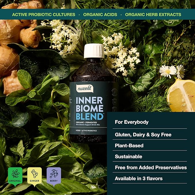 Nuzest - Inner Biome Blend – Prebiotic Probiotic &amp Postbiotic Liquid Drink Mix – Microbiome Support – 8 Microbiotic Cultures 19 Fermented Herbs - Vegan - Organic - Original Flavour 16.9 fl.oz/ 5