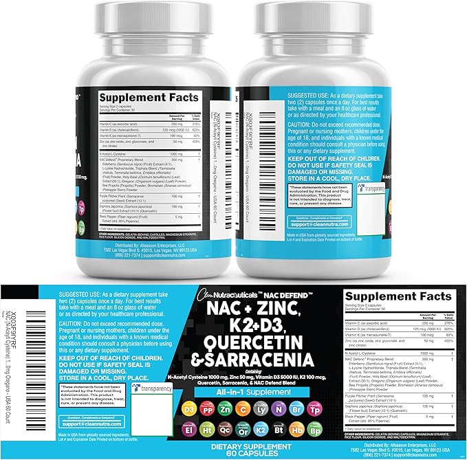 Clean Nutraceuticals NAC Supplement N-Acetyl Cysteine Vitamin D3 K2 Zinc Quercetin Sarracenia Purpurea with Elderberry Holy Basil Bee Propolis Bromelain L-Lysine (2)