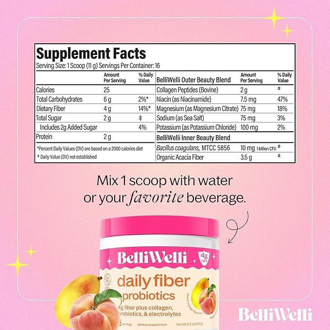 Daily Fiber Supplement Bundle with Collagen Probiotics &amp Electrolytes - Peach Mango &amp Strawberry Lemonade Flavors - Supports Digestive Health Debloating Gut &amp Hormone Balance - 32 Servi