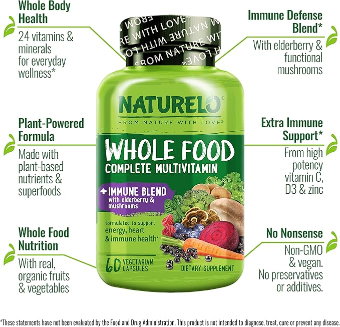 NATURELO Whole Food Multivitamin + Immune Blend with Elderberry &amp Mushrooms - Complete Multivitamin with Extra Immune Support - C D3 Zinc Elderberry Reishi Shitake - 60 Vegan Capsules