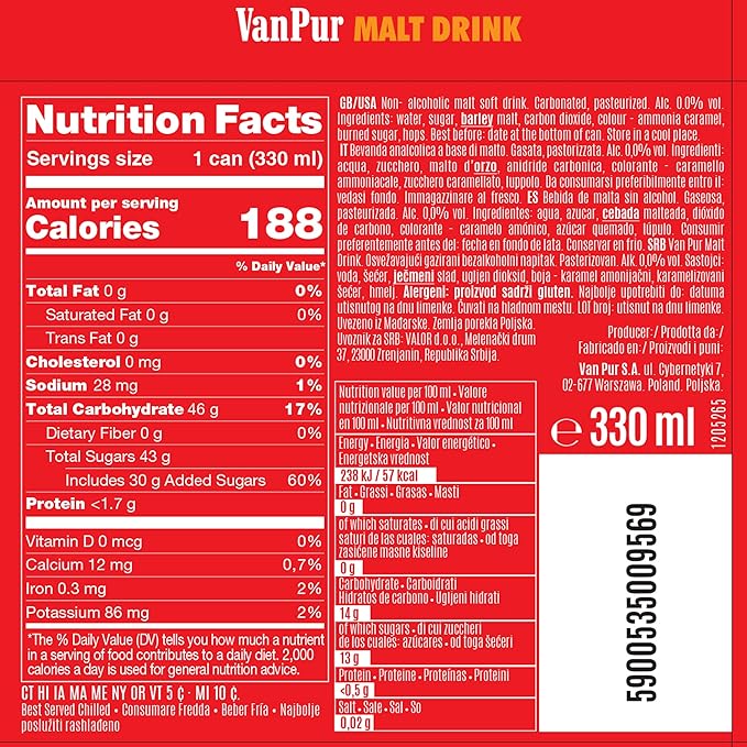 Van Pur Malt Drink Pure Malta (0.0% Alchol) 11.2 oz 12 Pack