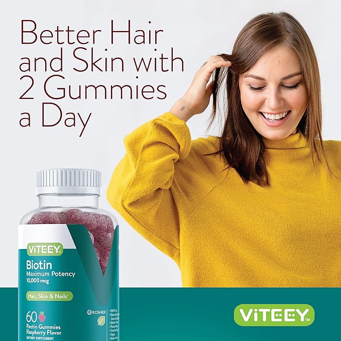 Viteey Biotin Gummies for Hair Skin and Nails - Biotin for Hair Growth Gummies - 10000 mcg - Vegan Gluten-Free Non-GMO – 120 Count