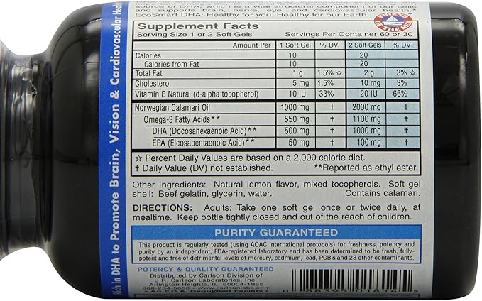 Carlson Labs Ecosmart DHA 500 Mg Mineral Supplement Softgels 80 Count