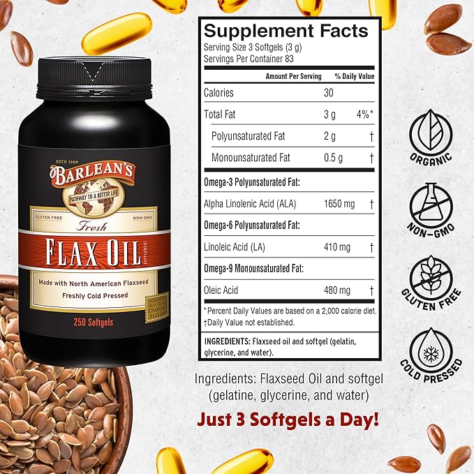 Barlean's Omega 3 6 9 Flaxseed Oil Supplements Cold-Pressed Flax Seed Supplement Softgels with 1650 mg ALA Fatty Acids 250 Count