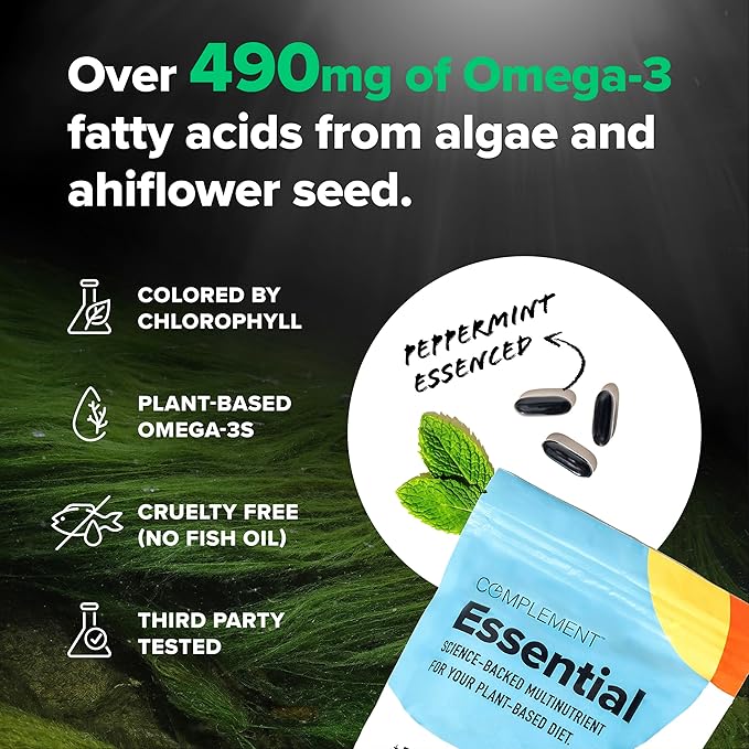 Complement Essential Vegan Multivitamin for Men &amp Women (60 Servings 180 Capsules) with Omega-3 DHA &amp EPA B12 Vitamin D3 &amp K2 Zinc Selenium Magnesium Iodine - Supports Immunity &amp