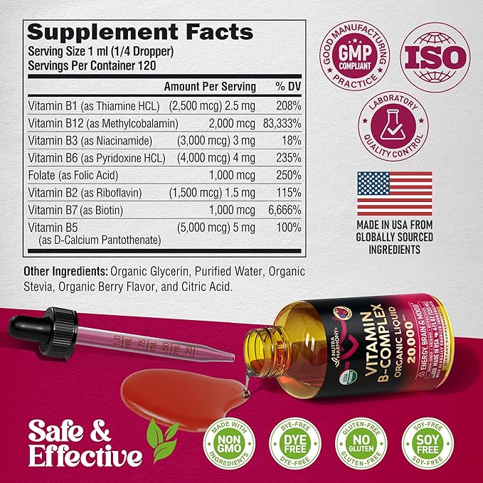USDA Organic Vitamin B-Complex B5 Pantothenic Acid | B12 Methylcobalamin | B1 Thiamine | B6 Pyridoxine | B7 Biotin | B9 Folic | B3 Niacinamide - B Complex Liquid Drops Made in USA Supplement 4fl oz