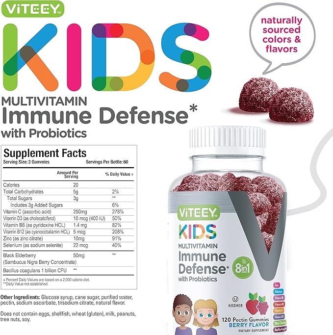 Viteey Kids Multivitamin Gummies with Probiotics - 8-1 Kids Vitamins for Immune Health Support with Vitamin C D3 B12 B6 Zinc Elderberry Selenium - Vegetarian - Chewable Tasty Berry Flavored