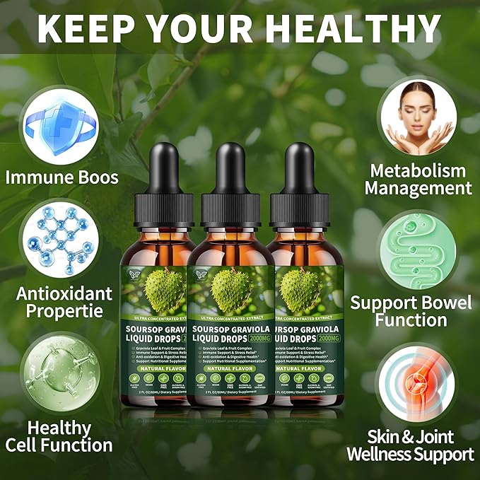 (3 Pack) Soursop Graviola Liquid Drops 2000mg 98% Absorption for Cell Support &amp Regeneration Immune Boost Liver Herbal Goodness Soursop Bitters Liquid-Sugar/Gluten Free Natural Flavor 6 Fl