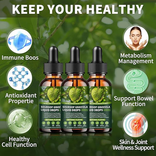 (3 Pack) Soursop Graviola Liquid Drops 2000mg 98% Absorption for Cell Support &amp Regeneration Immune Boost Liver Herbal Goodness Soursop Bitters Liquid-Sugar/Gluten Free Natural Flavor 6 Fl