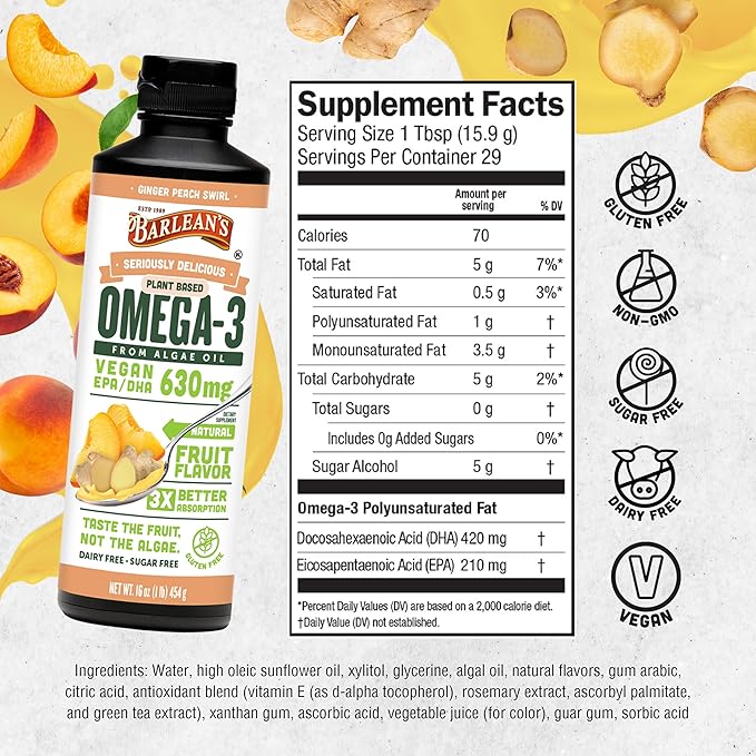 Barlean's Ginger Peach Vegan Omega 3 Supplement Liquid Algae Oil with 630 mg EPA &amp DHA Plant Based Omegas from Algal Oil Non-GMO &amp Gluten Free 16 oz