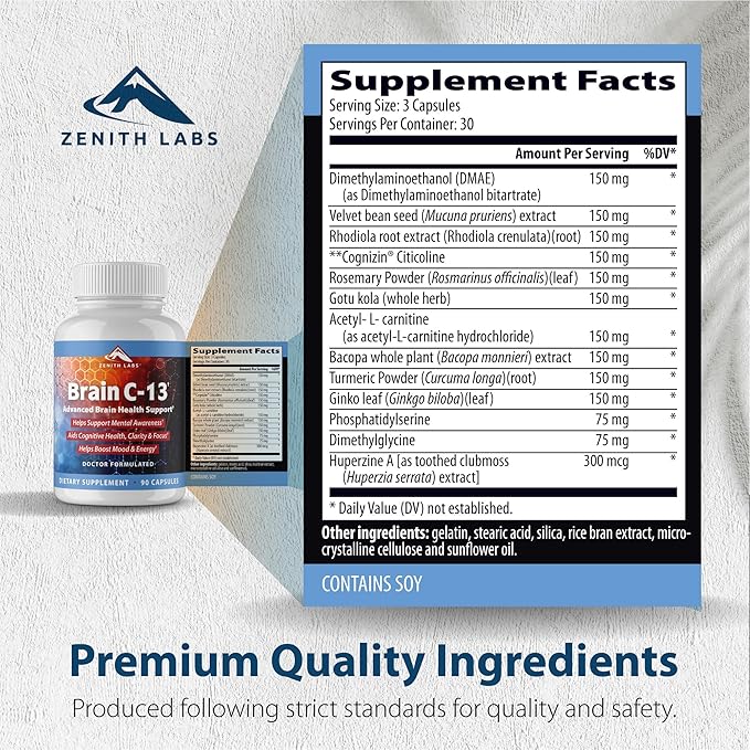 Brain C-13 Cognitive Booster Supplement by Zenith Labs - Natural Brain Health Support - Supports Memory Focus Concentration - Mental Clarity for Men Women