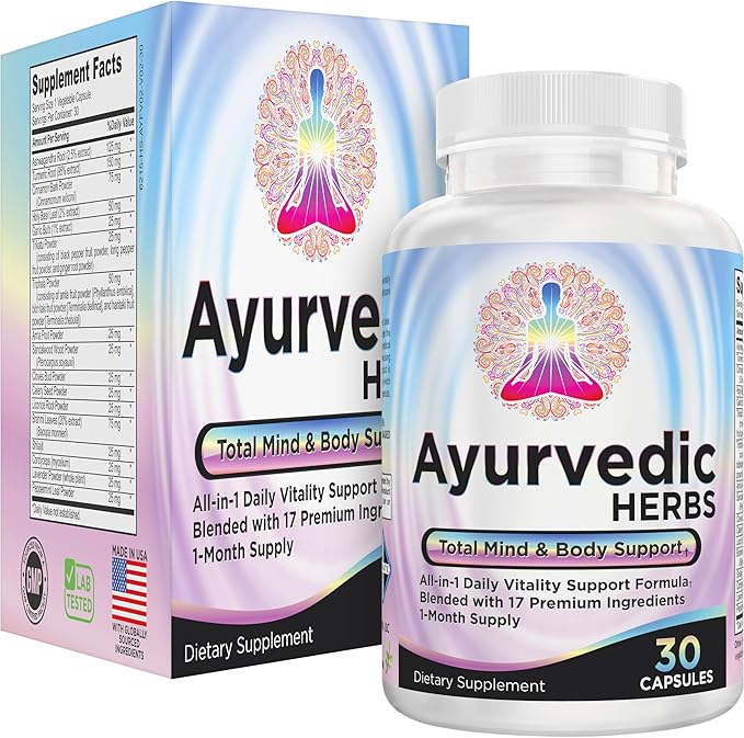 Ayurvedic Herbs 17-in-1 Supplement | Mind &amp Body Balance | Ayurveda Health Support Blend | Ayurvedic Supplements | 1-Month Supply | 30 Capsules