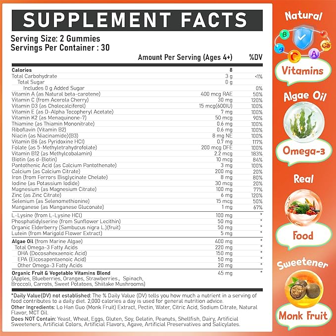 Kids Multivitamin Gummies - Vitamins A D3 K2 Methylated B-Complex with Omega-3 Iron for Immune &amp Development Support - Organic Mixed-Berry Flavor Multivitamins for Kids Daily - Sugar Free &amp