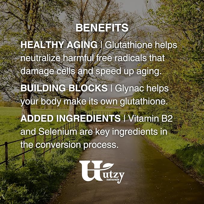 Utzy Naturals GlyNAC+ Supplement | 1000mg of Glycine &amp NAC (N-Acetyl cysteine) | with Vitamin B2 Cofactor for Glutathione Production | 90 Capsules