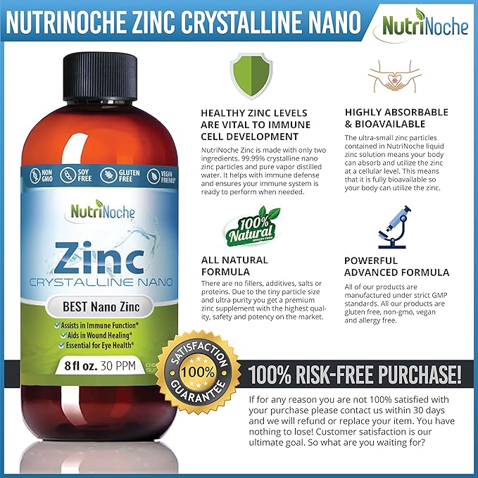 Liquid Zinc Supplement by Nutrinoche: Organic Liquid Drops - Ionic Zinc and Picolinate Alternative - 99.99% Ultra Pure Crystalline Nano Particles - for Adults and Children - (32 oz)