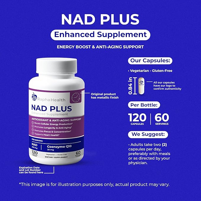 NAD | Advanced Energy &amp Anti-Aging Formula | with NAD and Coenzyme Q10 | Supports Heart &amp Cognitive Health | 120 Capsules - 60 Day Supply
