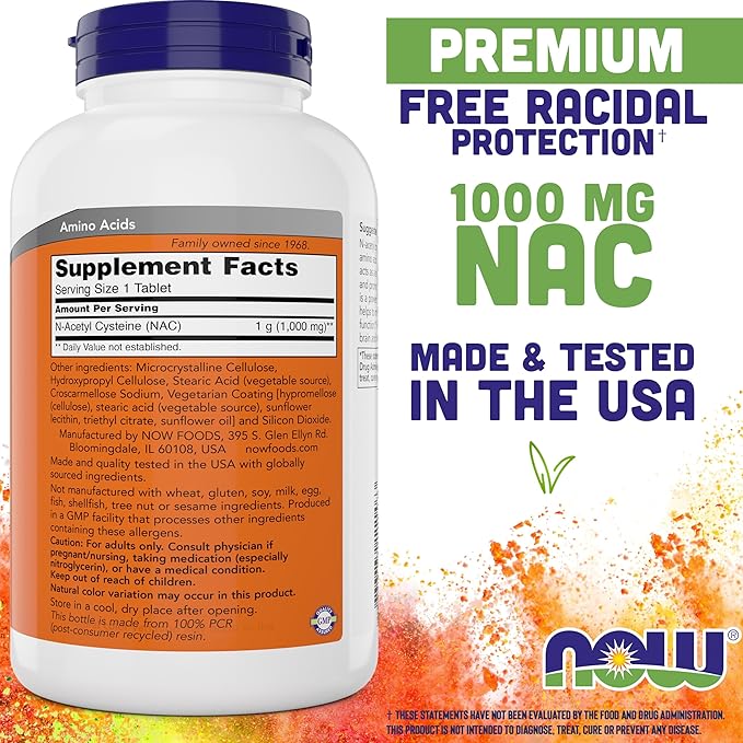 NOW Foods NAC 1000 mg 250 Tablets (Pack of 2) N-Acetyl-Cysteine Supplement 1000mg (1 gram) per Tablet - Vegetarian Non-GMO