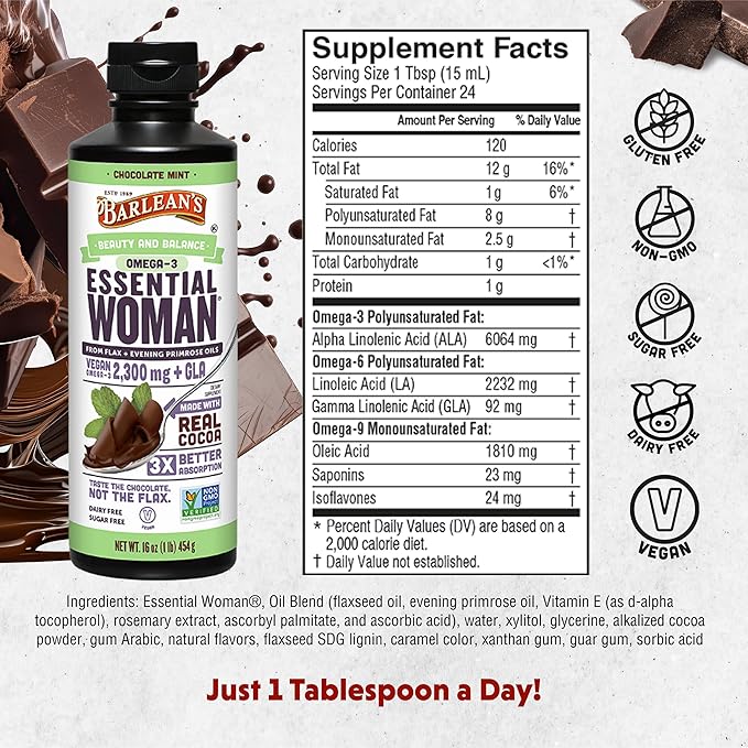 Barlean's Essential Woman Chocolate Mint Liquid Supplement from Flaxseed Evening Primrose Oil &amp Soy Isoflavones Omega 3 6 9 and GLA Hormonal Balance &amp Healthy Hair and Skin 16 oz