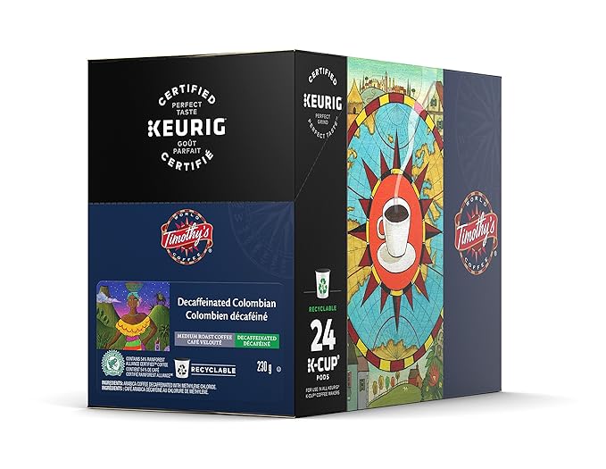 Timothy's World Coffee Decaf Colombian K-Cup Coffee 24 Count (Pack of 2) (Packaging may vary)