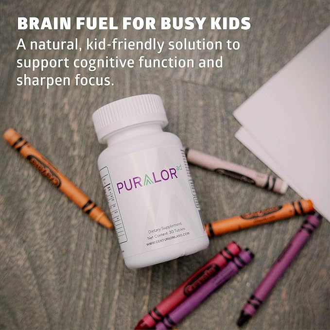 Centurion Premium Puralor AD Cognitive and Focus Supplement for Kids with Saffron Folate Vitamin C D and Zinc 30 Chewable Tablets